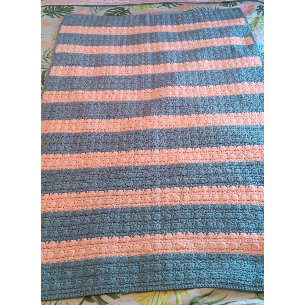 Vintage Afghan Crochet Throw Blanket 37X57 Stripe Cottagecore Grandmacore 80s